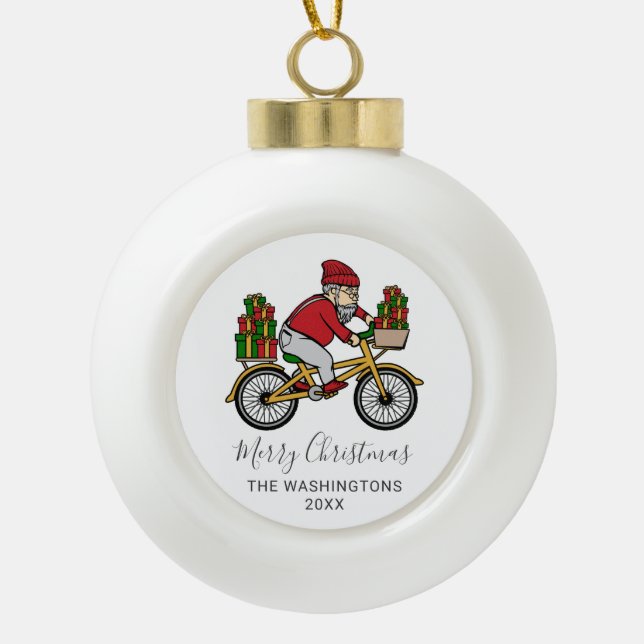 Personalized Cyclist Santa Ceramic Ball Christmas Ornament (Front)
