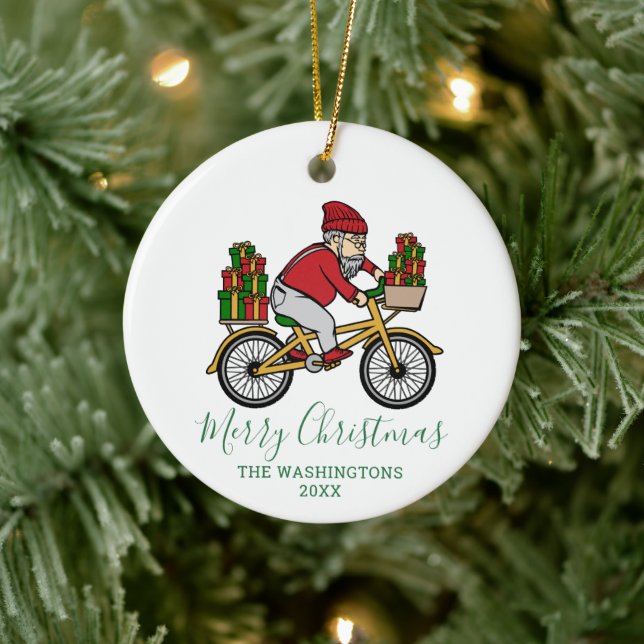 Personalized Cyclist Santa Christmas Ceramic Ornament (Tree)