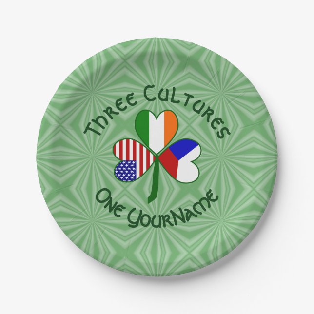 Personalized Czechia Ireland USA Shamrock Party Paper Plates (Front)