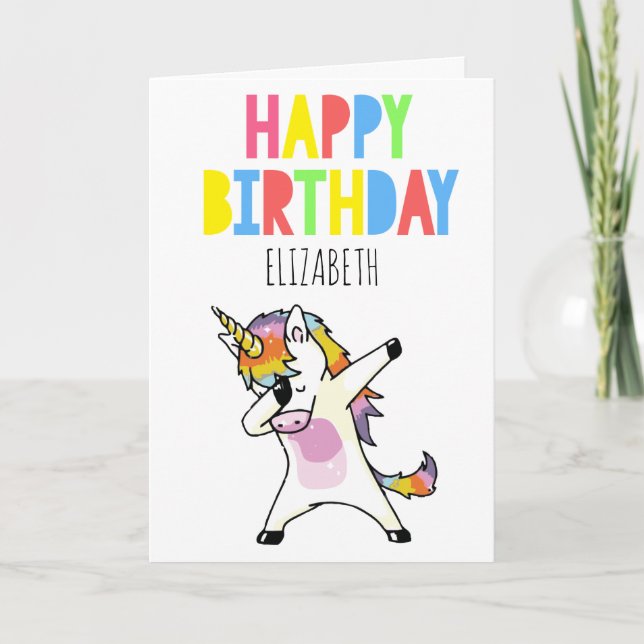 Personalized Dabbing Unicorn Girl Happy Birthday Card (Front)