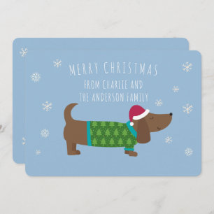 Personalized Dachshund Blue Cartoon Christmas Card