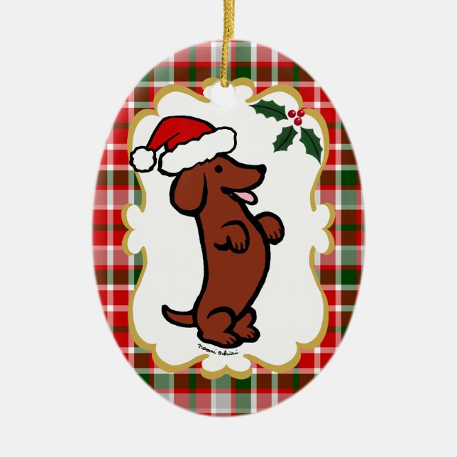 Personalized Dachshund Christmas Santa Hat Ceramic Ornament (Front)