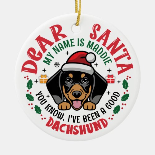 Personalized Dachshund Dog Christmas Tree Round Ceramic Ornament