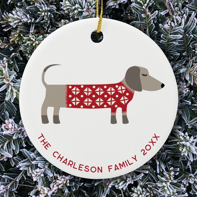 Personalized Dachshund Dog Fun  Ceramic Ornament (Fun ceramic ornament featuring a festive Dachshund Sausage Wiener Dog in red and white knitwear)