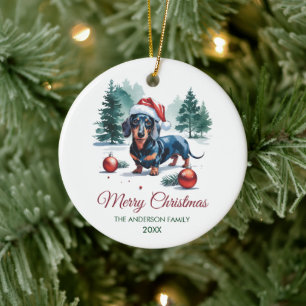 Personalized Dachshund in Santa Hat Christmas Ceramic Ornament