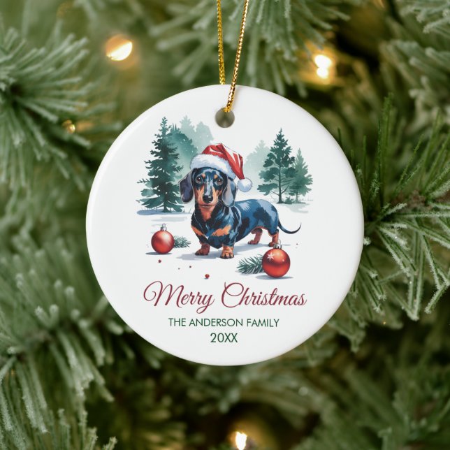 Personalized Dachshund in Santa Hat Christmas      Ceramic Ornament (Tree)