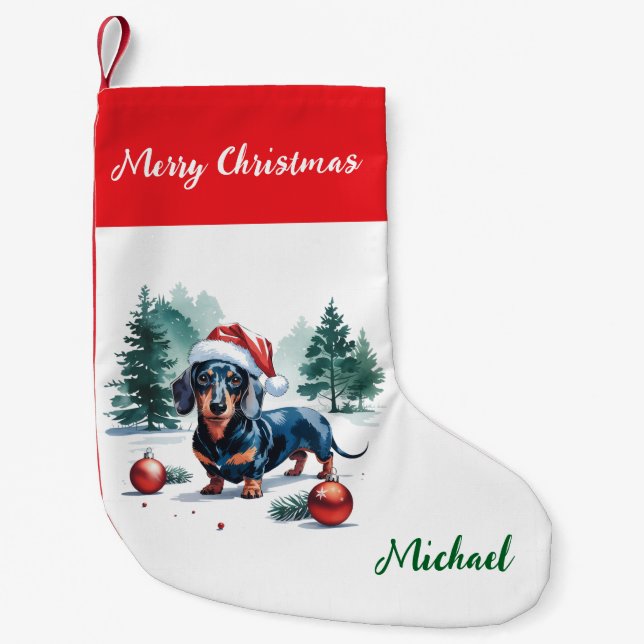 Personalized Dachshund in Santa Hat Christmas Small Christmas Stocking (Front)