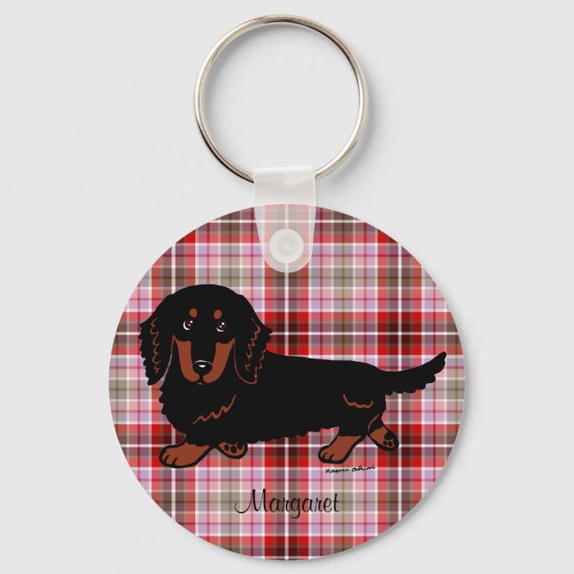 Personalized Dachshund Long Haired Black and Tan Keychain (Front)