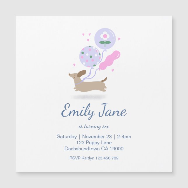 Personalized Dachshund Lover Birthday Party Pink Magnetic Invitation (Front)