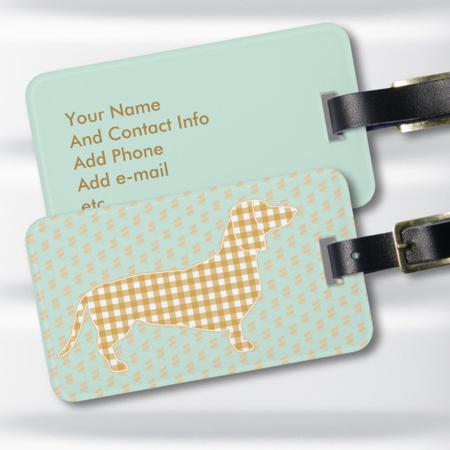 Personalized Dachshund Luggage Tag - Cream Gingham (Cute personalized Gingham Dachshund luggage tag with Cream Doxie on a mint background)