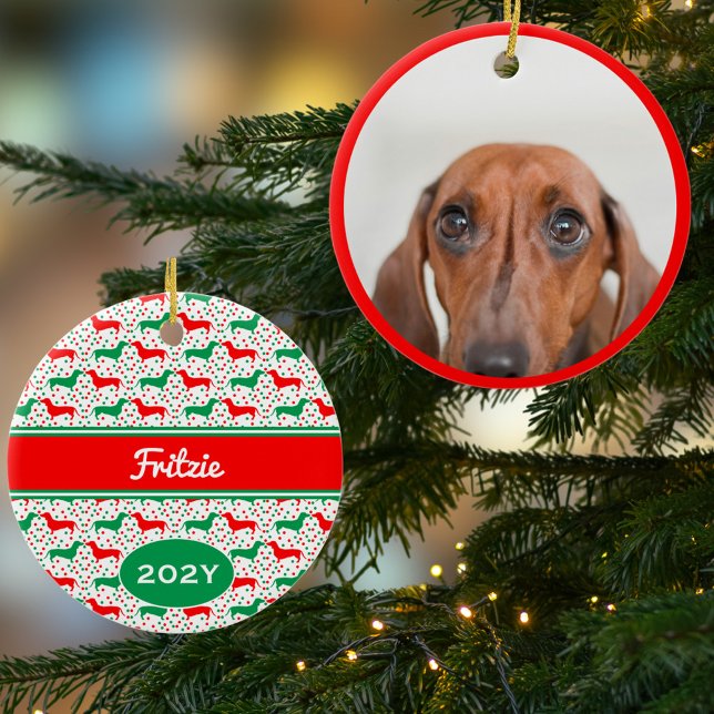 Personalized Dachshund Photo Year  Ceramic Ornament (Personalized Photo Ornament. Cute Red and Green Dachshund pattern with Name Year on the back)
