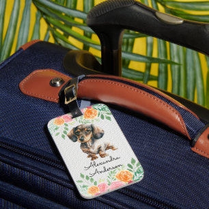 Personalized Dachshund Puppy Watercolor Floral Luggage Tag