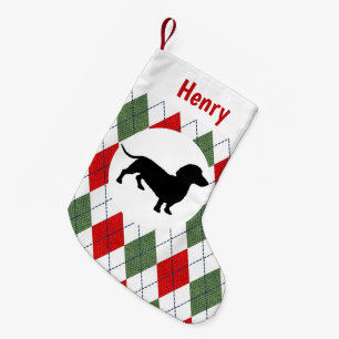 Personalized Dachshund Red And Green Argyle Small Christmas Stocking