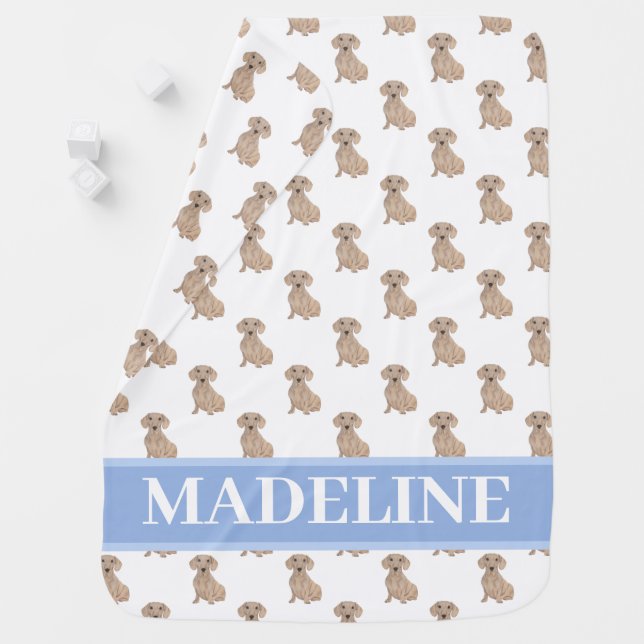 Personalized Dachshund (Smooth, Red) Blue Baby Blanket (In Situ)