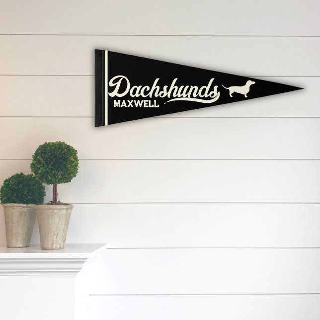 Personalized Dachshund Sporty Script - Black Pennant Flag (Vintage Sporty Personalized Dachshunds Pennant Black and Ivory)