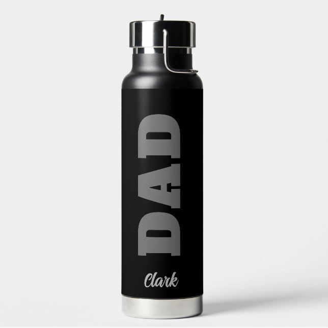 Personalized Dad Bold Black Grey White Typography Water Bottle (Left)
