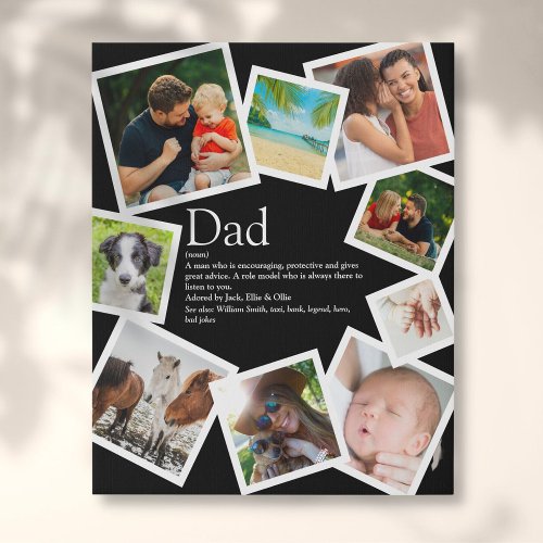 Personalized Dad Definition 9 Photo Collage Black Faux Canvas Print