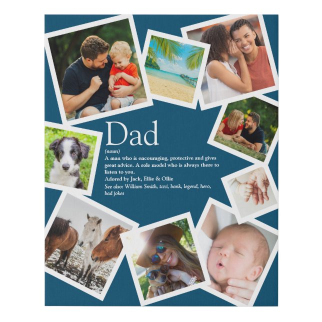 Personalized Dad Definition 9 Photo Collage Blue Faux Canvas Print (Front)