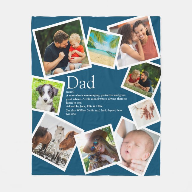Personalized Dad Definition 9 Photo Collage Blue Fleece Blanket (Front)