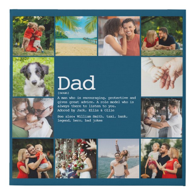 Personalized Dad Definition Photo Collage Blue Faux Canvas Print (Front)