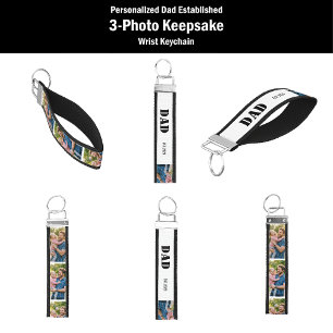 Personalized Dad Established 3-Photo Keepsake with Wrist Keychain