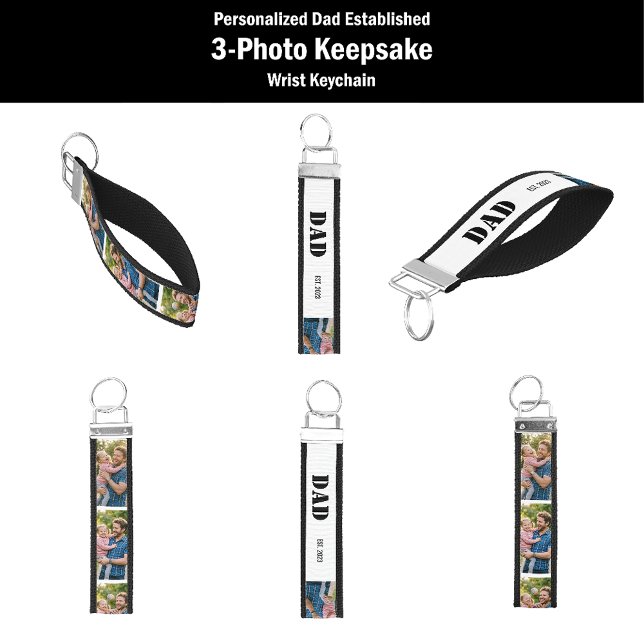 Personalized Dad Established 3-Photo Keepsake with Wrist Keychain (Personalized Dad Established Photo Wrist Keychain – Custom 3-Photo Keepsake with Bold Typography)