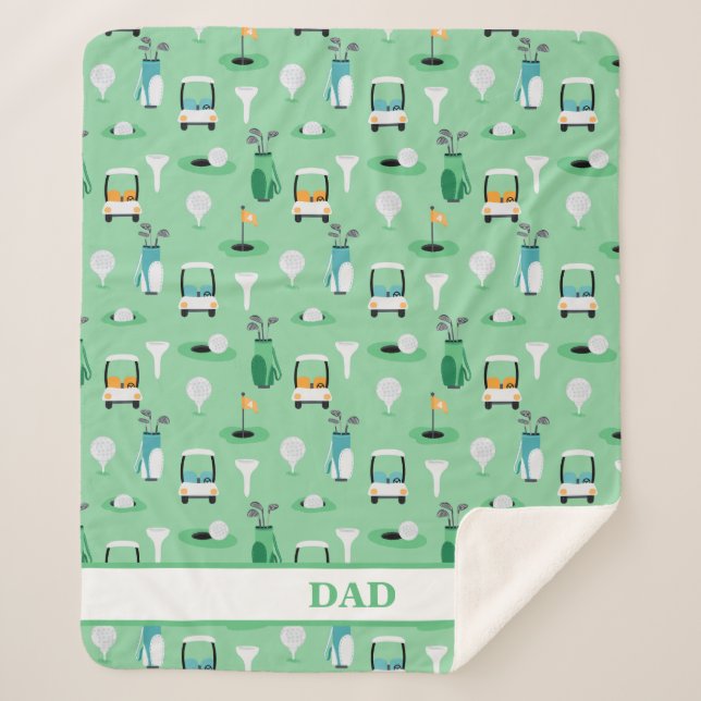Personalized Dad Golfer Golfcart Golfing Sporty Sherpa Blanket (Front)