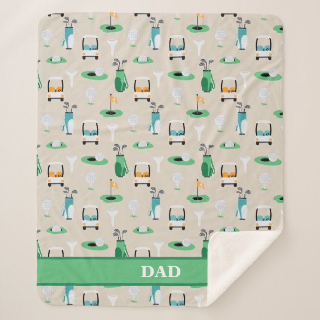 Personalized Dad Golfer Golfcart Golfing Sporty Sherpa Blanket (Front)