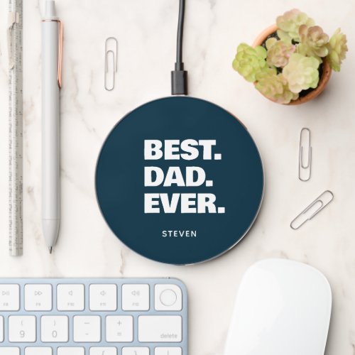 Personalized Dad Typography Navy Blue Fathers Day Wireless Charger