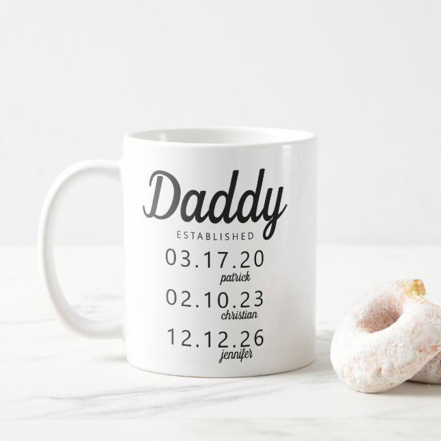 Personalized Daddy Established Kid Birth Date Name Coffee Mug (With Donut)