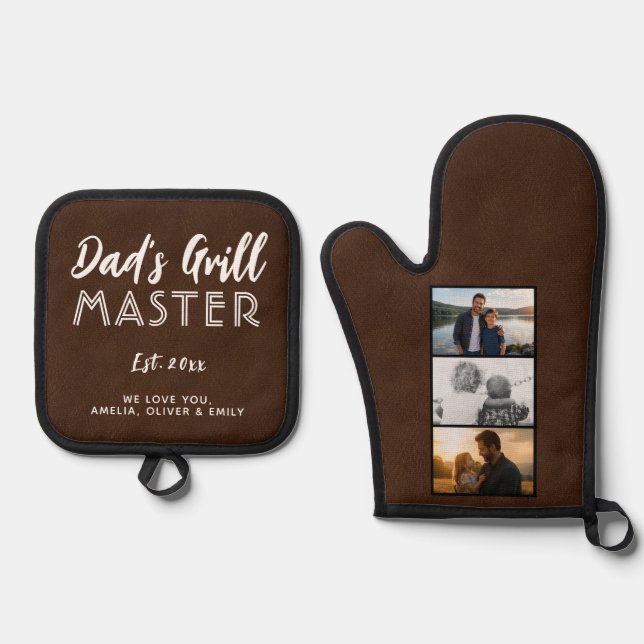 Personalized Dad's Grill Master 3 Photo Oven Mitt & Pot Holder Set (Front)