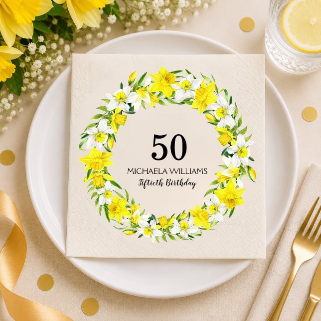 Personalized Daffodil 50th Birthday Napkins (Add Name / edit text to personalize, see collection for matching items)
