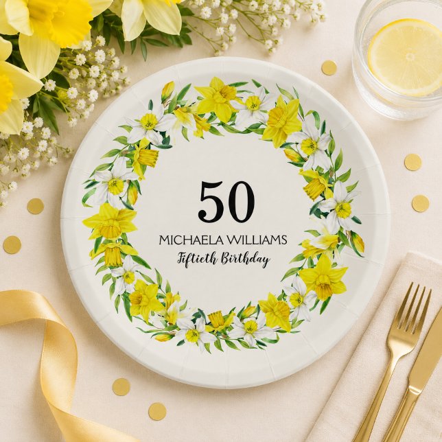 Personalized Daffodil 50th Birthday Party Paper Plates (Add name / edit text to personalize.  Other items available in collection.)