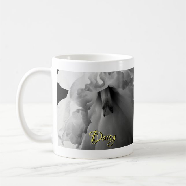 Personalized Daffodil Black and White Photography Coffee Mug (Left)