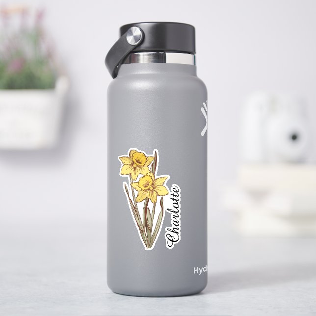 Personalized Daffodil Name Custom Floral Stainless Sticker (HydroFlask)