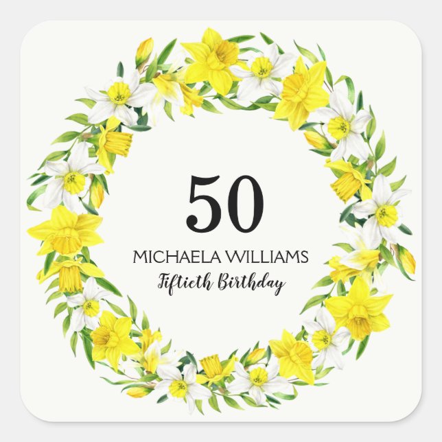 Personalized Daffodils Garland 50th Birthday Square Sticker (Front)