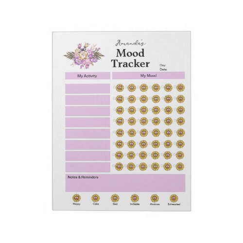 Personalized Daily Mood Tracker Purple Flowers Notepad