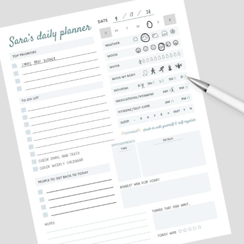 Personalized Daily Planner Mental  Physical Notepad