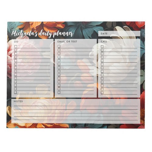 Personalized Daily Planner Vibrant Flower  Leaves Notepad
