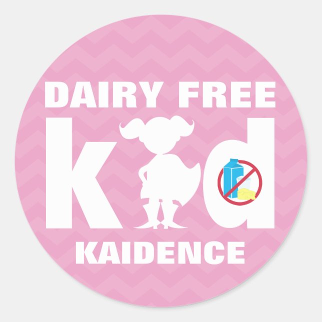Personalized Dairy Free Super Girl Pink Chevron Classic Round Sticker (Front)