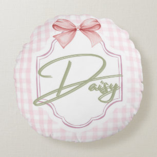 Personalized Daisy Baby Girl Nursery Bow&Gingham Round Pillow