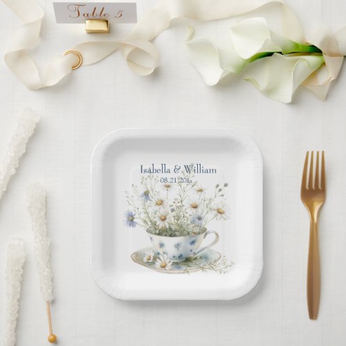 Personalized Daisy  Faded Blue Denim Flowers Paper Plates