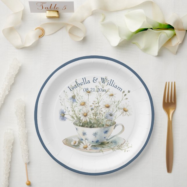 Personalized Daisy & Faded Blue Denim Flowers Paper Plates (Wedding)