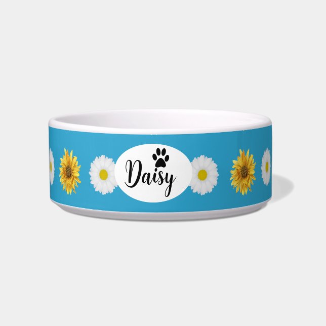 Personalized Daisy Floral Ceramic Pet Bowl (Front)