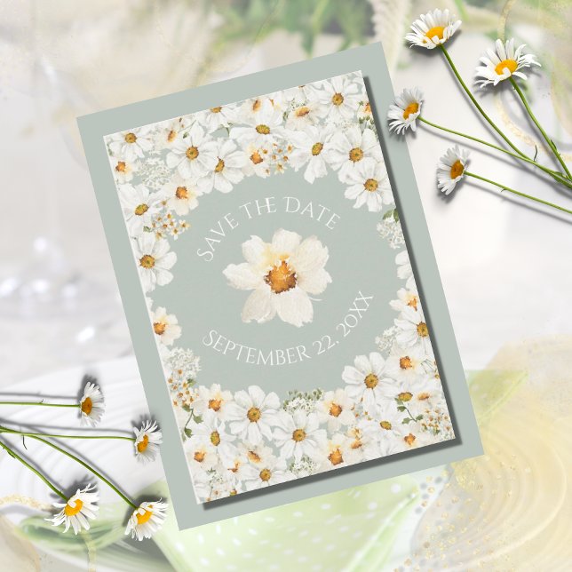 Personalized Daisy Floral  Sage Green Wedding Save The Date (Creator Uploaded)