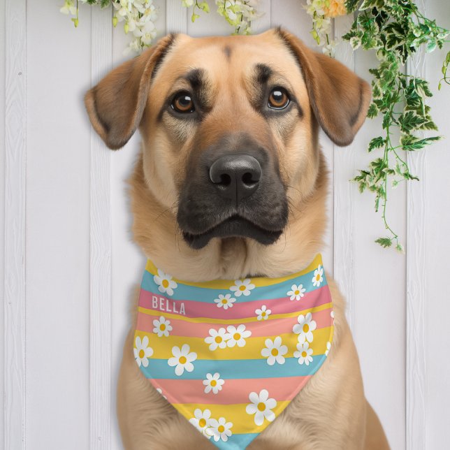 Personalized Daisy Flower Stripe Pattern Dog Pet Bandana Collar (Creator Uploaded)