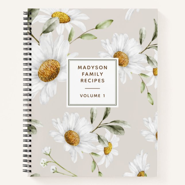 Personalized Daisy Flowers Family Recipe Cookbook Notebook (Front)