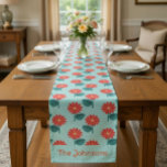 Personalized Daisy Pattern Table Runner<br><div class="desc">Add a cheerful floral touch to your table with this personalized daisy pattern table runner, featuring bright red flowers on a soft aqua background. Perfect for everyday dining, spring gatherings, birthday parties, brunches, tea parties, bridal showers, or cottage-style décor. Customize with a name, family name, or short message to create...</div>