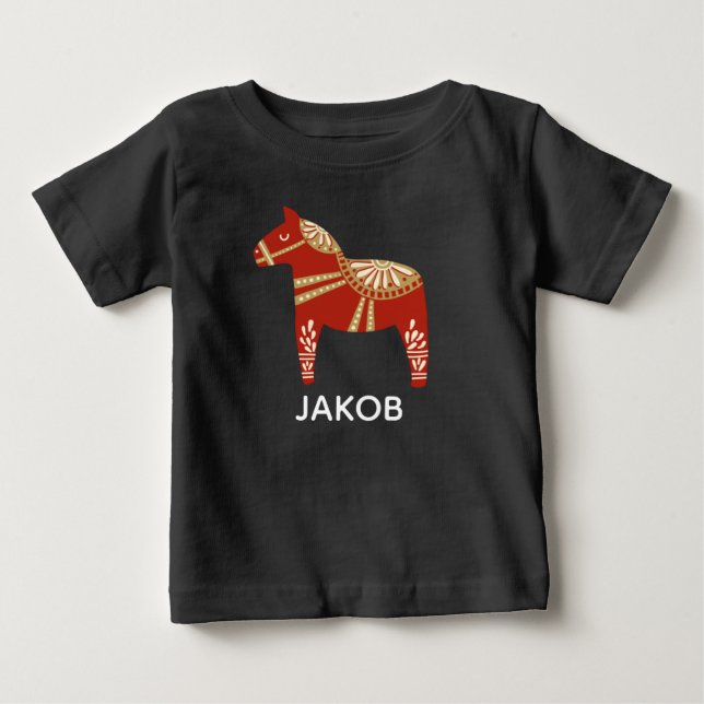 Personalized Dala Horse Christmas Baby T-Shirt (Front)