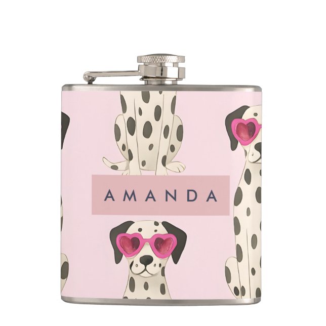 Personalized Dalmatian Dog with Pink Heart Glasses Flask (Front)